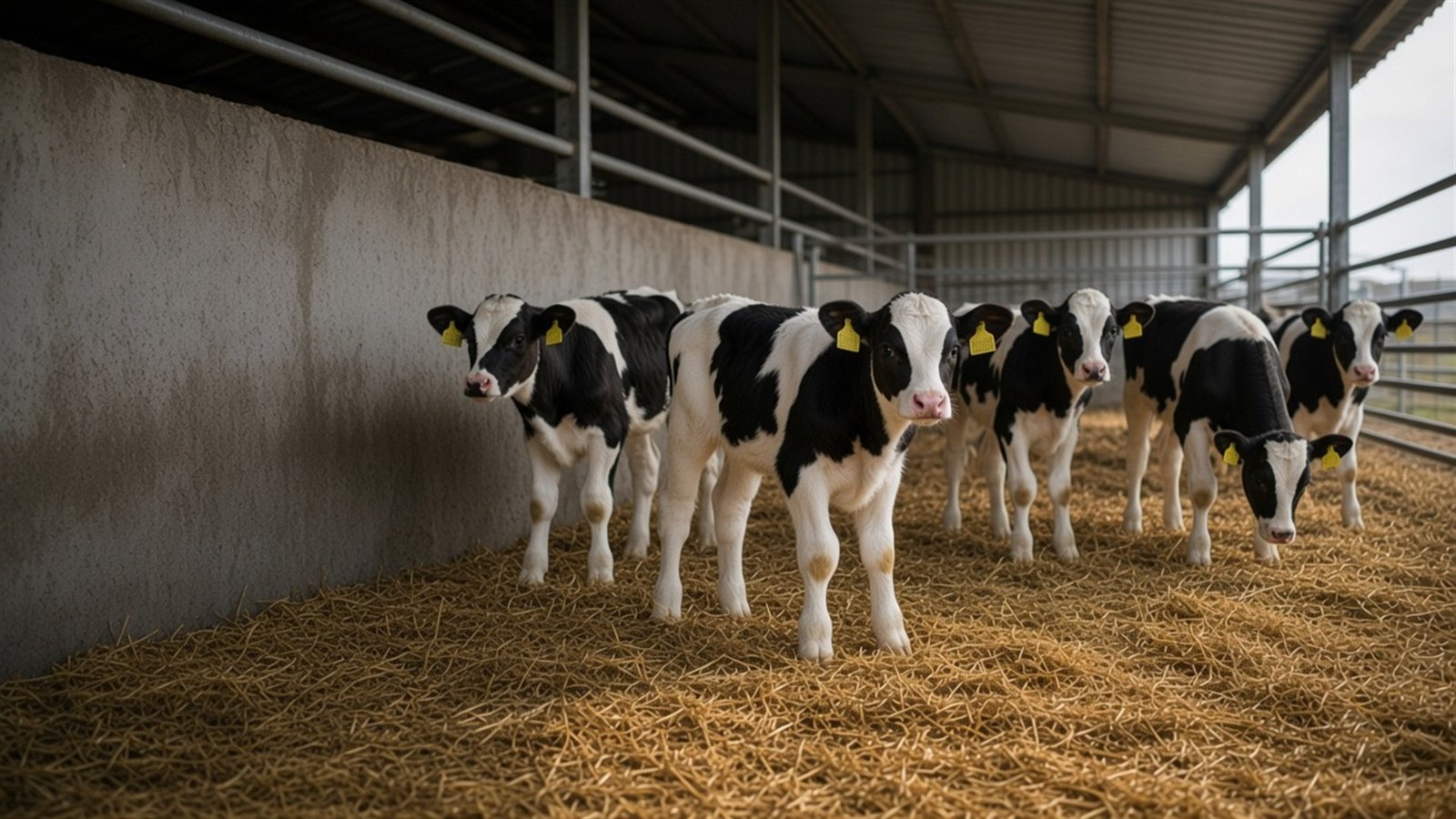 Young dairy calves in a shed.
