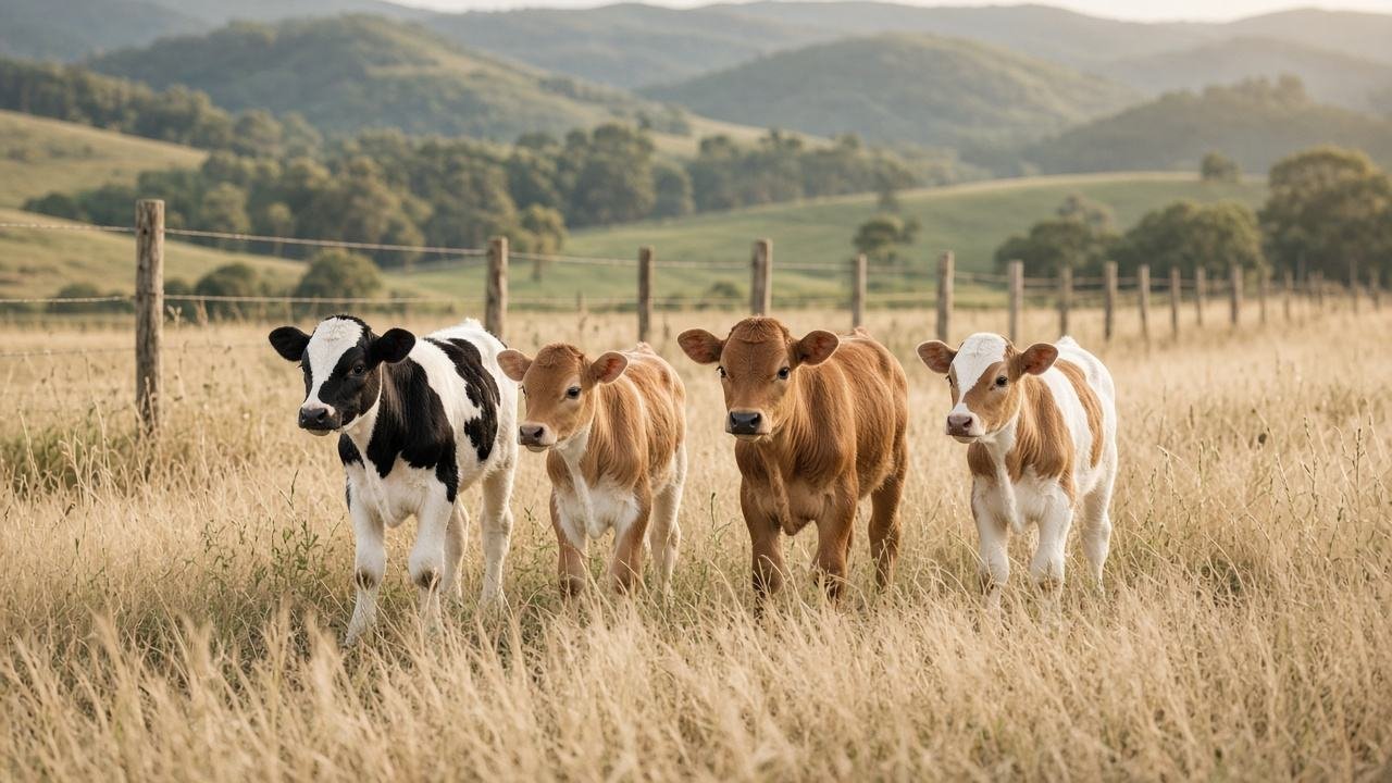 Young calves standing in a paddock.