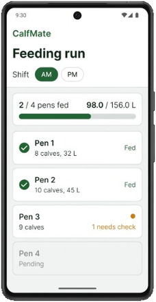 Calfmate Android app on a phone. Demo data.
