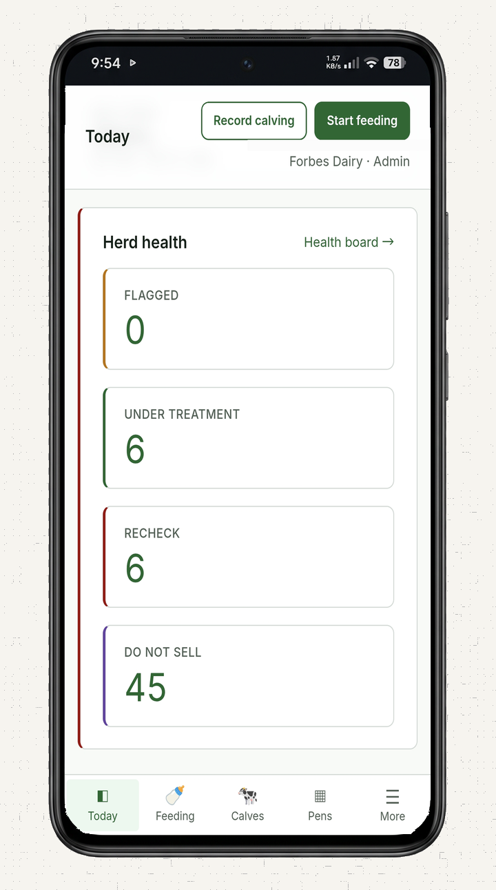 Calfmate Android app. Demo data.