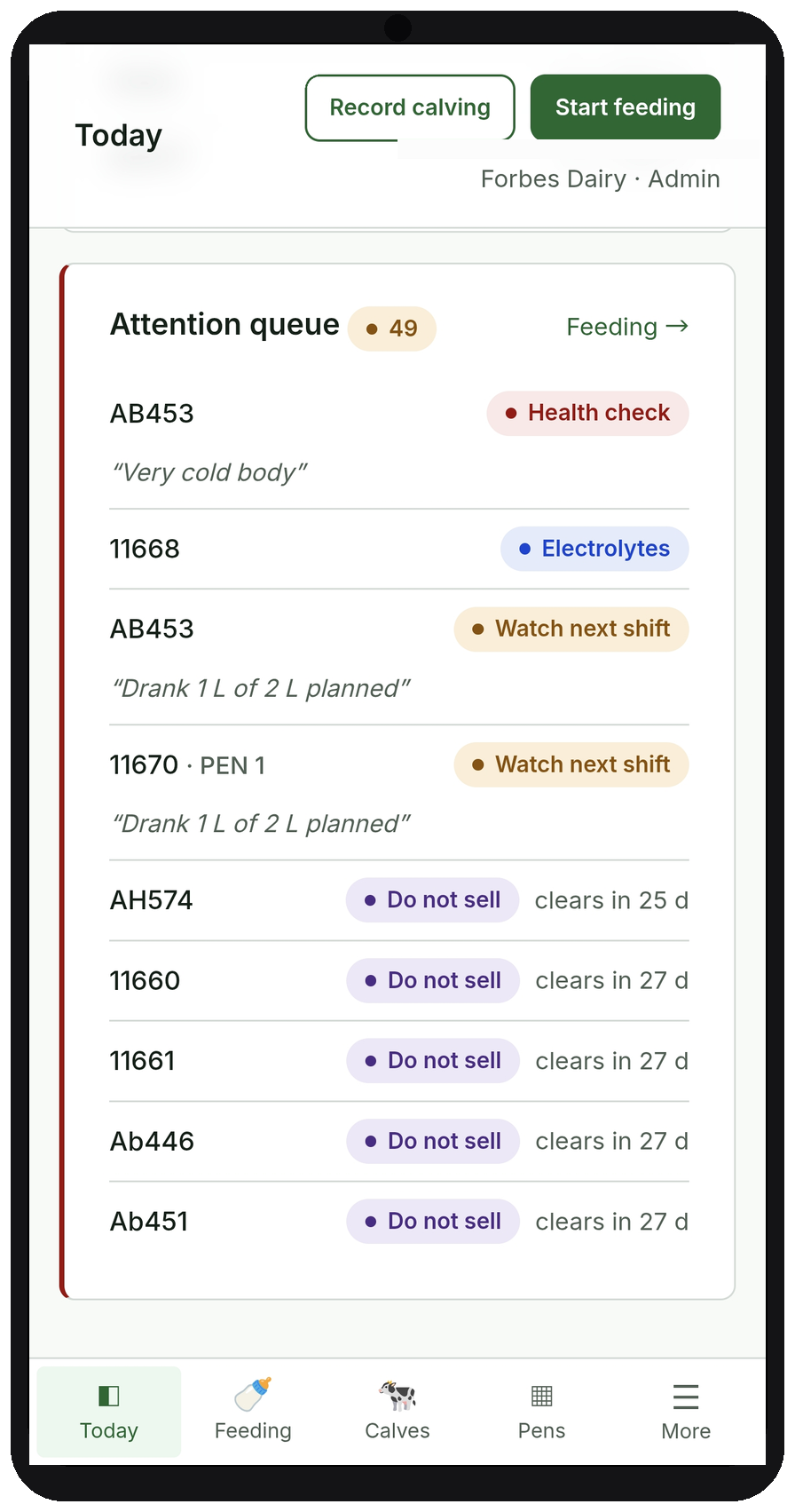 Example attention queue on a phone — health checks, watch next shift, do not sell