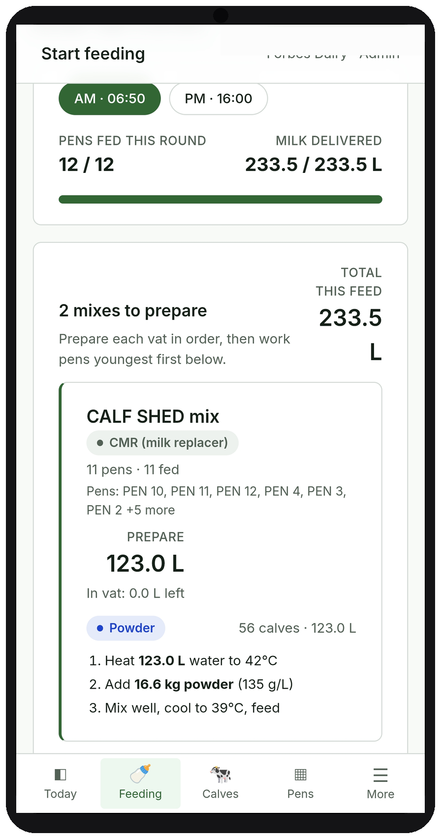 CalfMate start feeding on a phone — mix litres and powder for the shed
