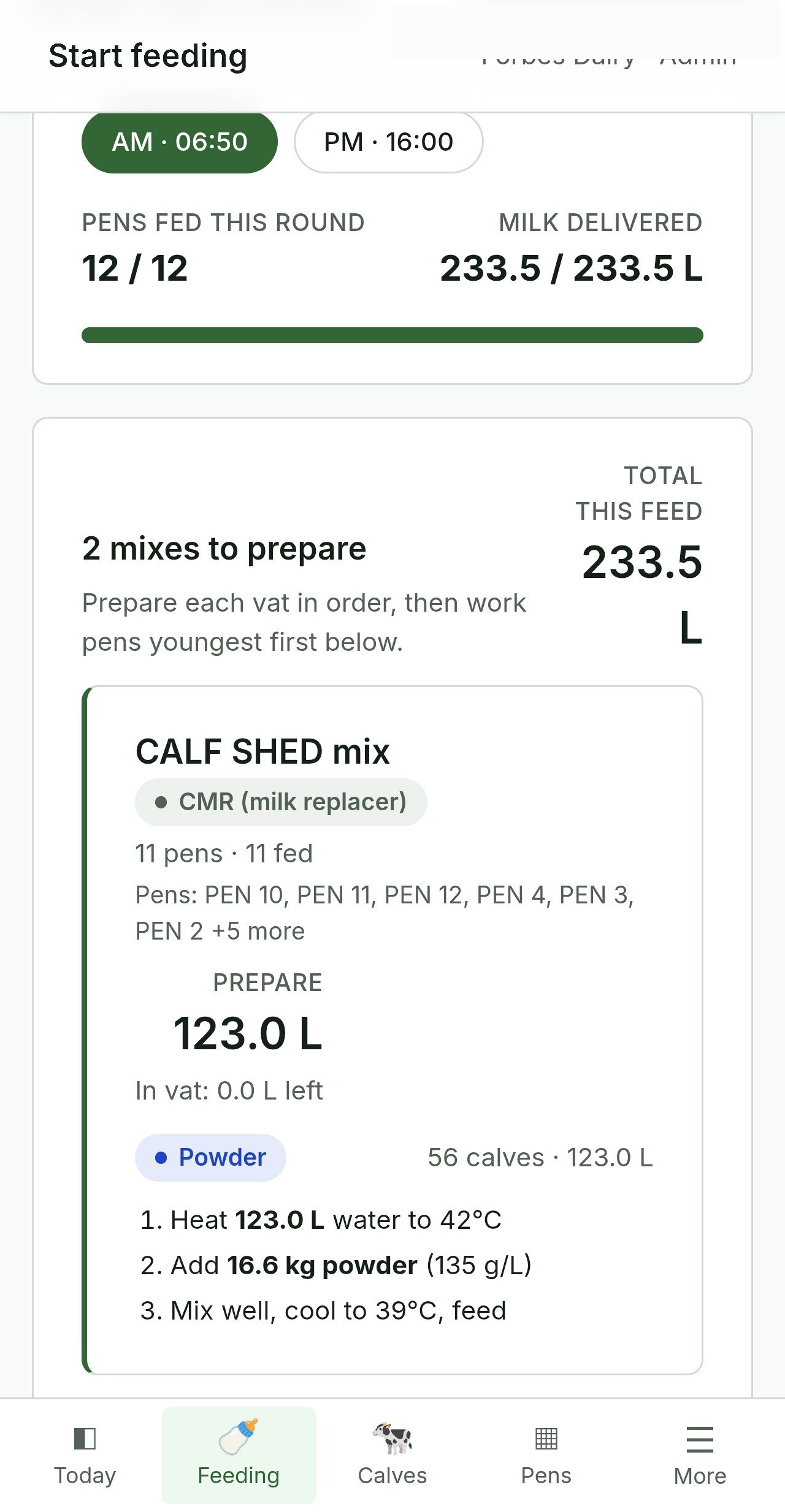 Calfmate feeding screen: 12 of 12 pens fed, 233.5 litres, with mix steps for each vat.