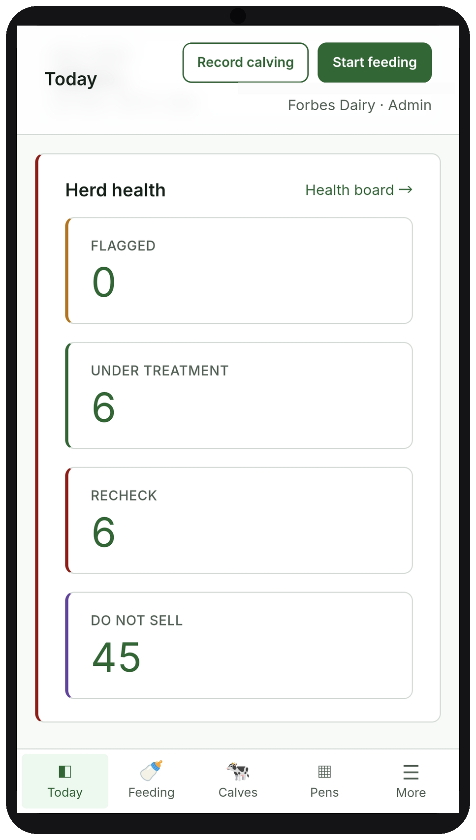 Example farm on a phone — herd health counts for flagged, under treatment, recheck and do not sell
