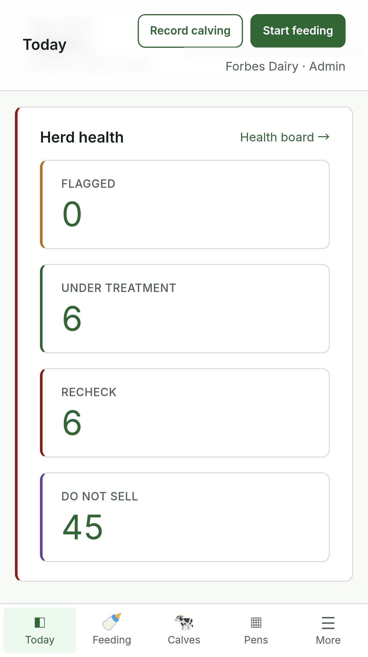 Calfmate Herd health card showing flagged, under treatment, recheck and Do not sell counts.